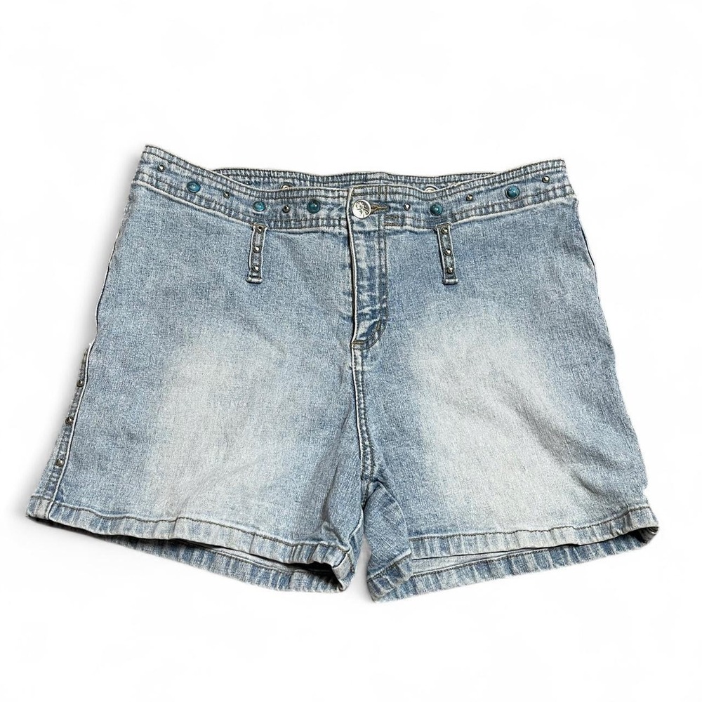 vintage Jenada blue denim shorts with turquoise studded waistband and sides